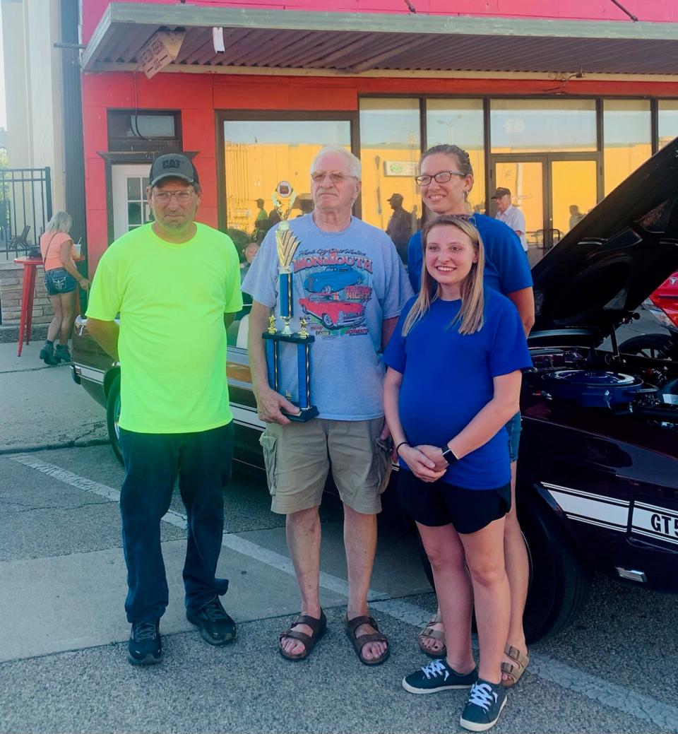 Dwayne Moss, Galesburg, received the Sponsors Choice 1950 and newer vehicle award with his 1969 Ford Mustang Shelby.
Presenting the award were sponsors/judges, Ben Hendricks, Miranda Hendricks and Kim Brooks with BH Materials.