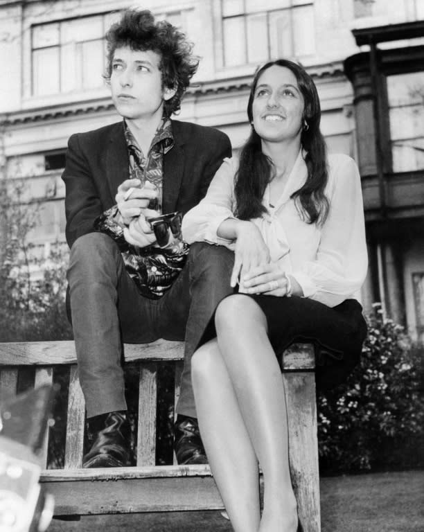 Bob Dylan with singer Joan Baez posing during their 1965 tour of England