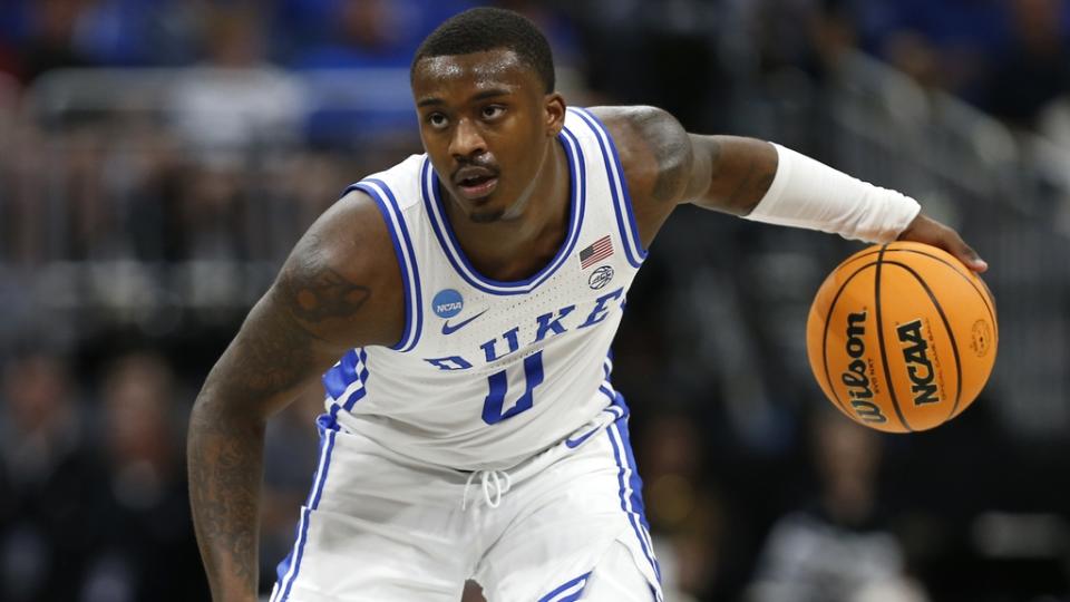 Duke Blue Devils forward Dariq Whitehead (0) dribbles the ball during the second half against the Oral Roberts Golden Eagles at Amway Cente