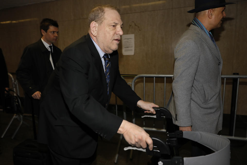 Harvey Weinstein arrives at court for his rape trial, in New York, Friday, Jan. 24, 2020. (AP Photo/Richard Drew)