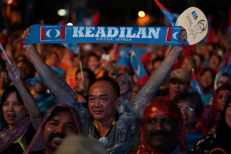 Supporters of Malaysia's opposition Alliance Of Hope attend an election campaign rally in Kuala Lumpur, Malaysia, May 6, 2018. REUTERS/Athit Perawongmetha