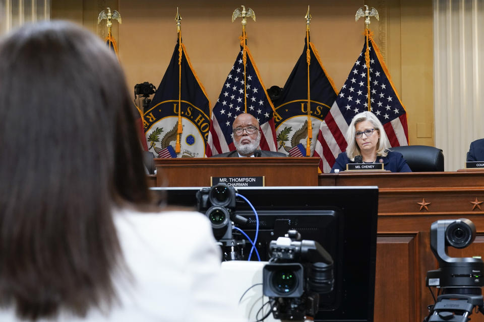 Chairman Bennie Thompson, D-Miss., and Vice Chair Liz Cheney, R-Wyo., listen as Cassidy Hutchinson, former aide to Trump White House chief of staff Mark Meadows, testifies as the House select committee investigating the Jan. 6 attack on the U.S. Capitol holds a hearing at the Capitol in Washington, Tuesday, June 28, 2022. (AP Photo/J. Scott Applewhite)