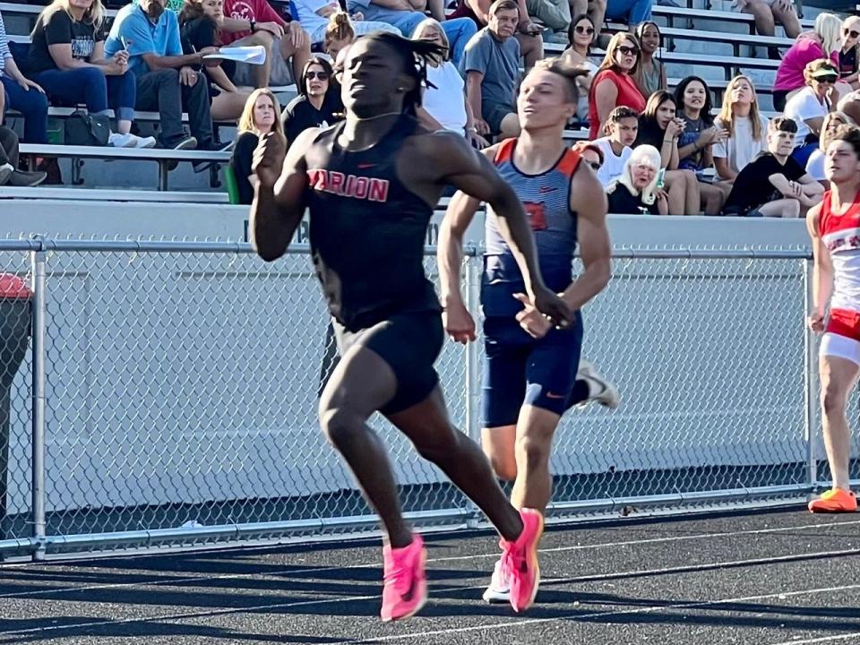 Marion Harding's Trinity Keith, shown competing at the Mid Ohio Athletic Conference Championships at home earlier this season, earned a spot into Friday's Division I regional finals in the boys 100 meters.