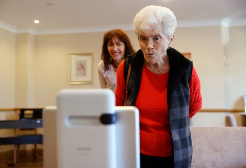 Resident Copping chats via Facebook Portal to her daughter at the Foxholes Care Home