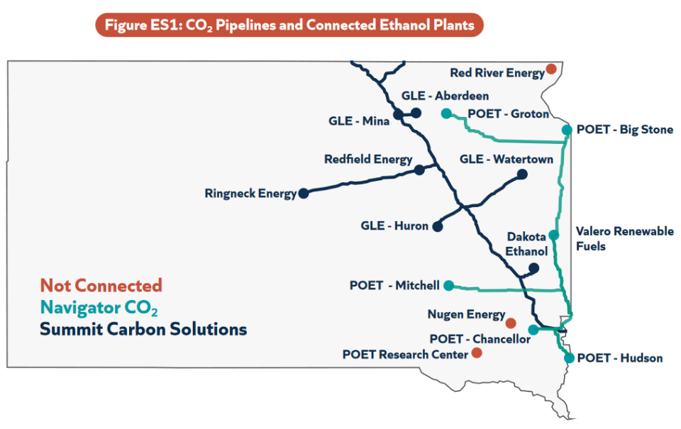 Figure showing a map of Summit Carbon and Navigator CO2 pipelines and connected ethanol plants.