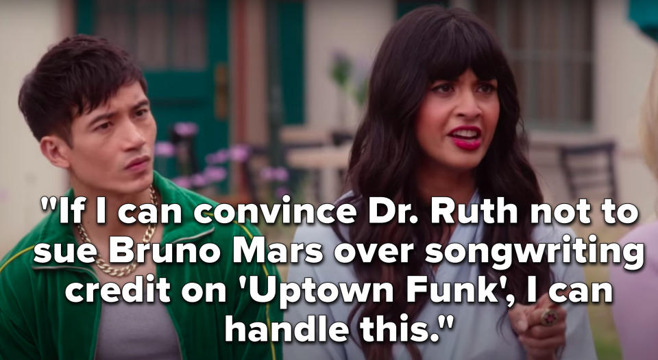 Tahani says, If I can convince Dr. Ruth not to sue Bruno Mars over songwriting credit on 'Uptown Funk', I can handle this