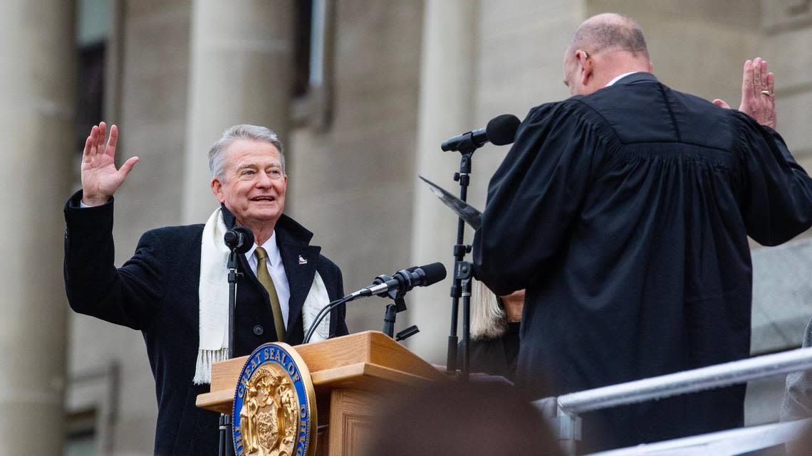 Idaho Gov. Brad Little, left, is serving his second term in office. In December 2021, he rejected the state parole board’s vote to reduce the death sentence of inmate Gerald Pizzuto to life in prison without parole.