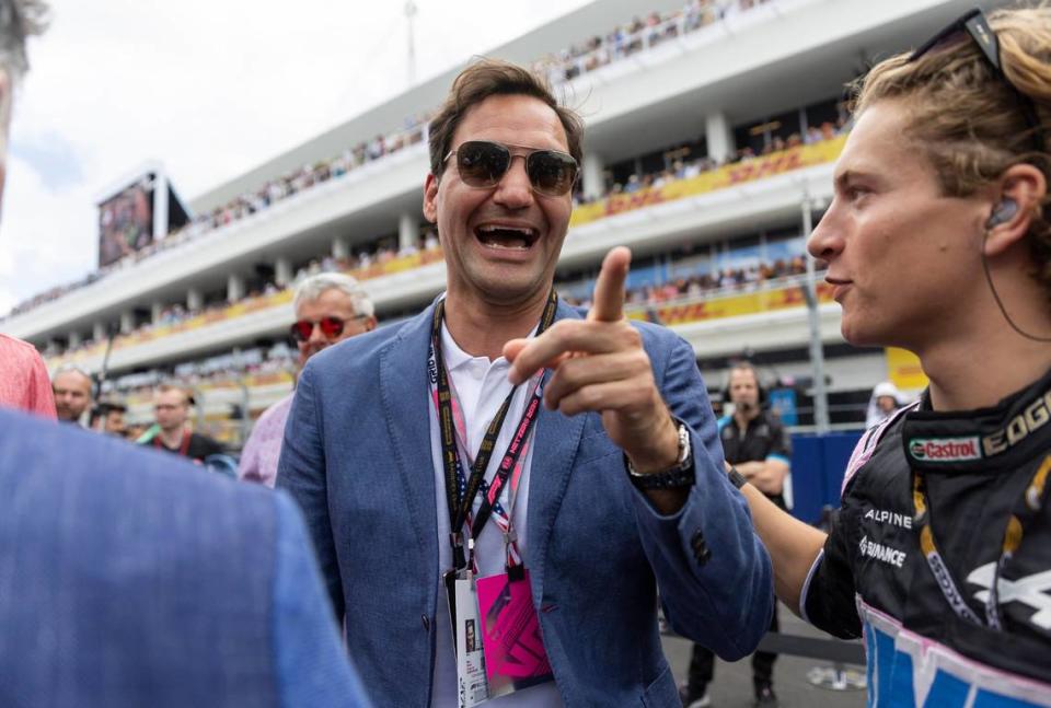 Swiss tennis player Roger Federer is seen at the grid before the start of the Formula One Miami Grand Prix at the Miami International Autodrome on Sunday, May 7, 2023, in Miami Gardens, Fla.