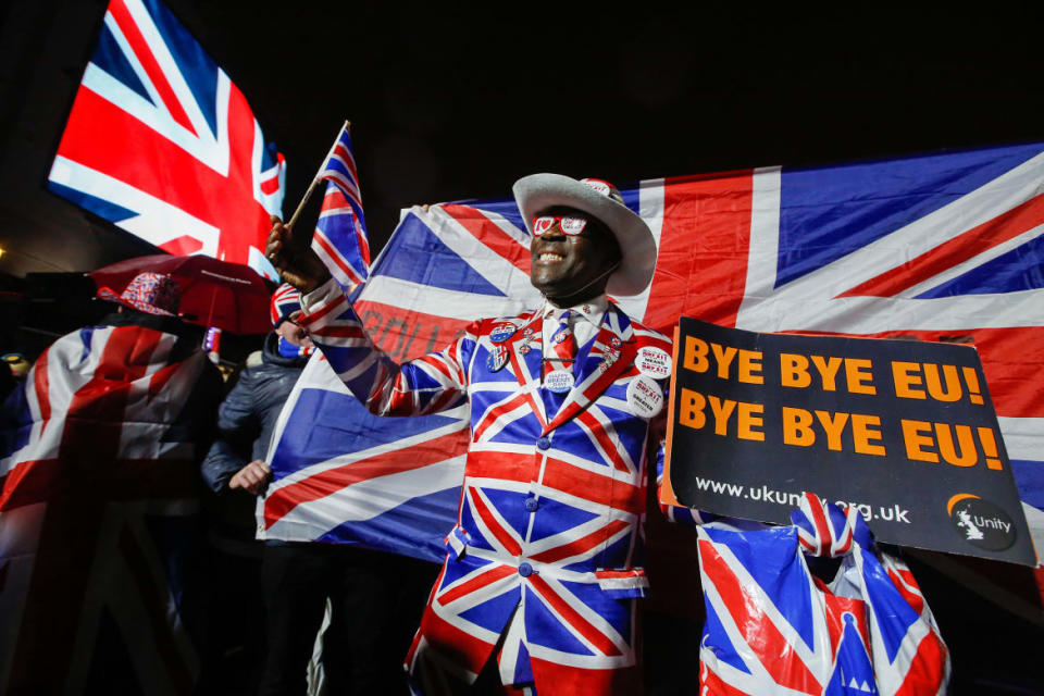 <div class="inline-image__caption"><p>A reveler sported the Union flag, also known as a Union Jack, during the Leave Means Leave celebration at Parliament Square in London, U.K., on Friday, Jan. 31, 2020. Brexit trade talks that were on the verge of a breakthrough descended into a fight between the U.K. and France as the British government said prospects of an imminent deal had receded. </p></div> <div class="inline-image__credit">Luke MacGregor/Bloomberg via Getty</div>
