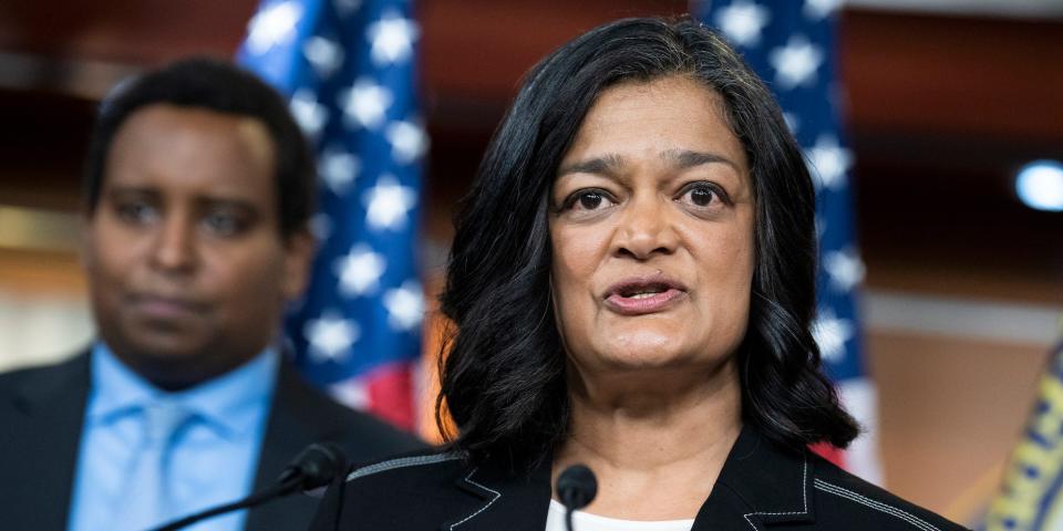 Democratic Rep. Pramila Jayapal of Washington at a press conference on Capitol Hill on April 7, 2022.