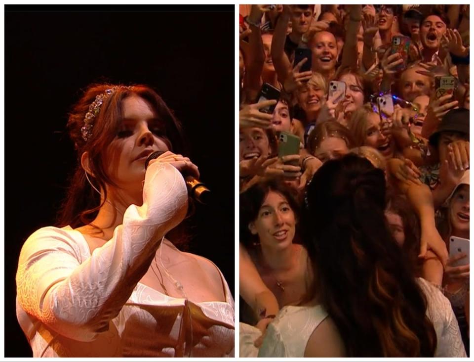Lana Del Rey went down to the barriers to apologise to her fans after her set was cut short by Glastonbury organisers (BBC)