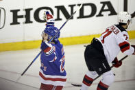 New York Rangers left wing Chris Kreider reacts after scoring a goal against the New Jersey Devils in the second period of Game 3 of the team's NHL hockey Stanley Cup first-round playoff series Saturday, April 22, 2023, in New York. (AP Photo/Adam Hunger)