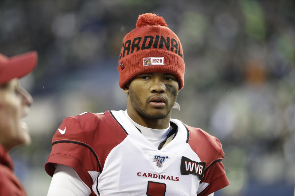 Arizona Cardinals starting quarterback Kyler Murray stands on the sideline after leaving the game with an injury during the second half of an NFL football game against the Seattle Seahawks, Sunday, Dec. 22, 2019, in Seattle. (AP Photo/Lindsey Wasson)
