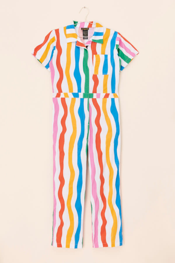 pink, yellow, blue striped jumpsuit