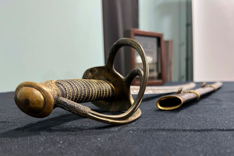 The sword and scabbard of Civil War Union Gen. William Tecumseh Sherman is displayed at Fleischer’s Auctions, Thursday, May 9, 2024, in Columbus, Ohio. The wartime sword, likely used between 1861 and 1863, are among the items that will be open to bidders Tuesday, May 14, 2024. (AP Photo/Patrick Orsagos)