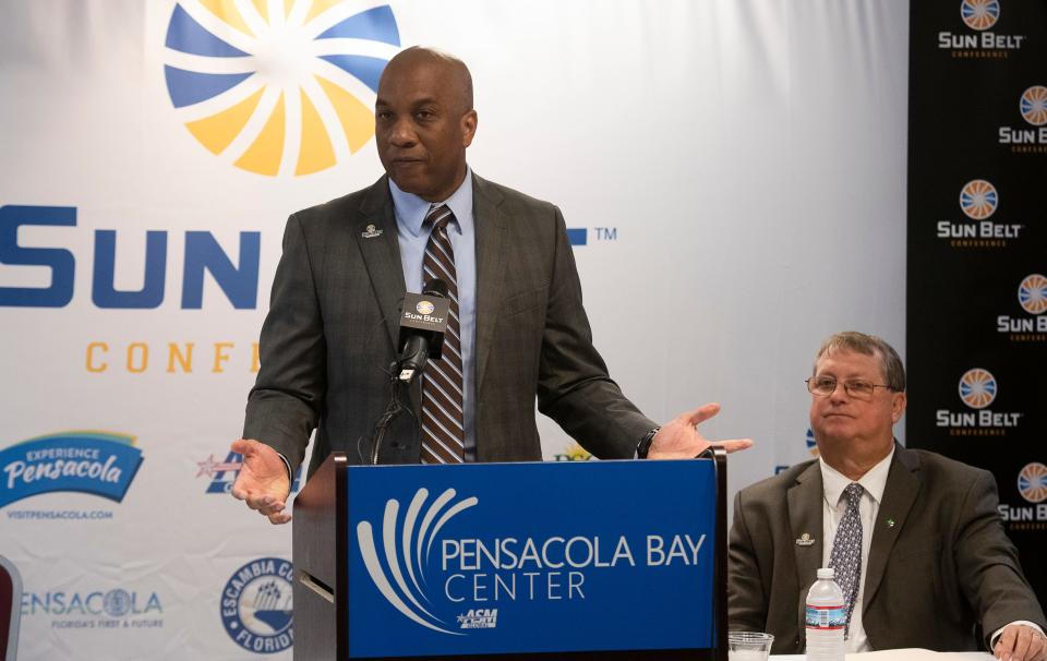 Keith Gill, the commissioner of the Sun Belt Conference, announces Pensacola will host the conference's Men's and Women's Basketball Championships staring in 2021 during a press conference on Tuesday, March 3, 2020. 