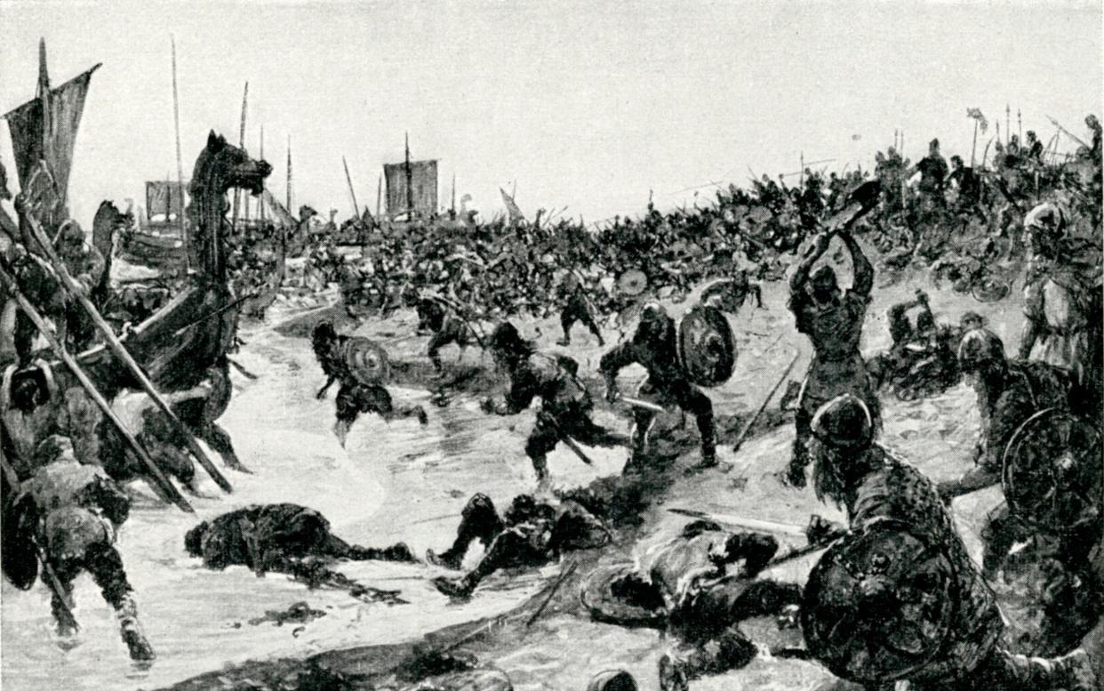 Battle of Brunanburh between the Anglo-Saxon King Aethelstan and an alliance of Olaf Guthfrithson and others, during the Viking invasions of England. - Chronicle / Alamy Stock Photo