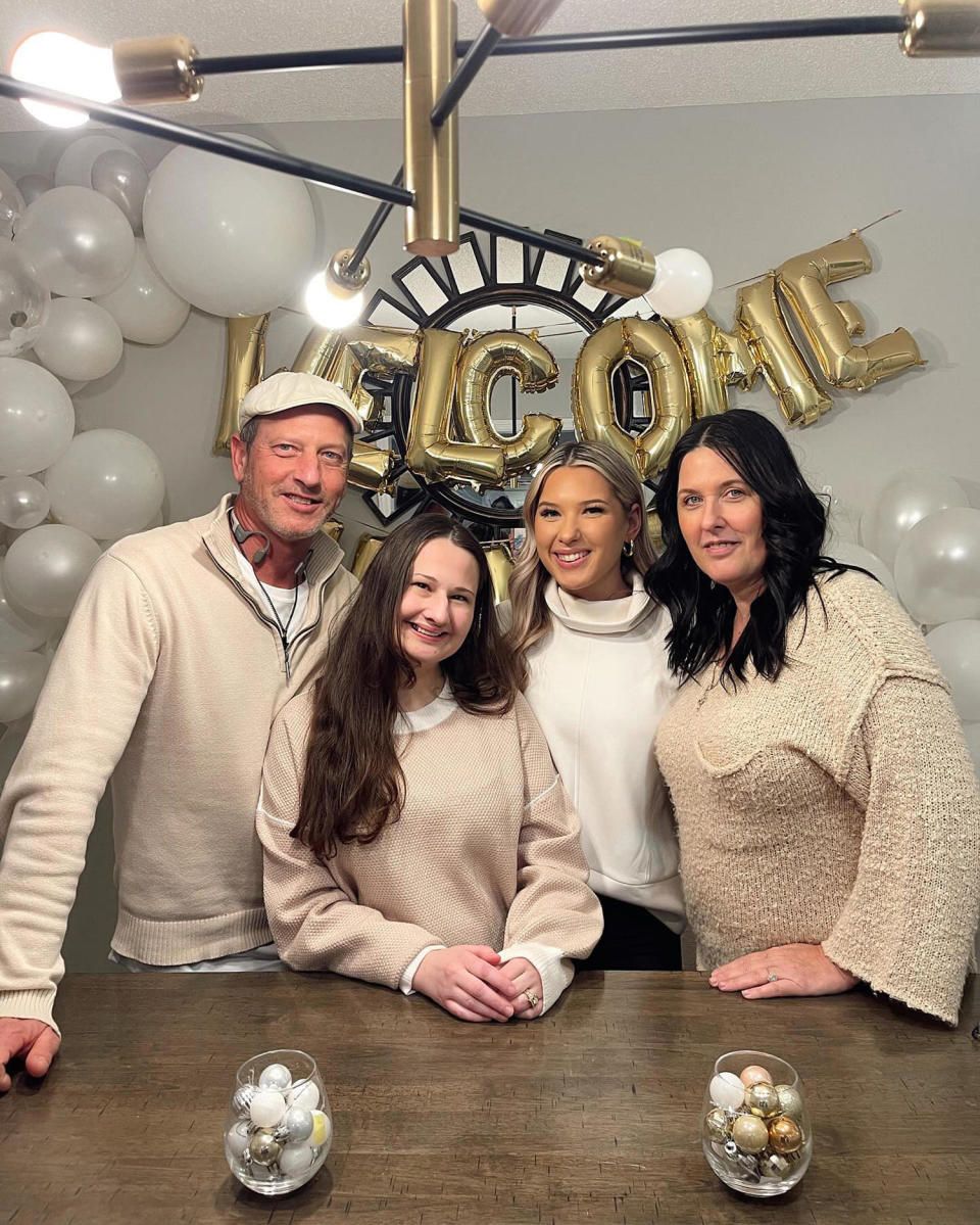 Gypsy Rose Blanchard, her sister Mia Blanchard, father Rod Blanchard and stepmom Kristy Blanchard pose together for a photo after Gypsy's release from prison. (@mia.blanchard via Instagram)