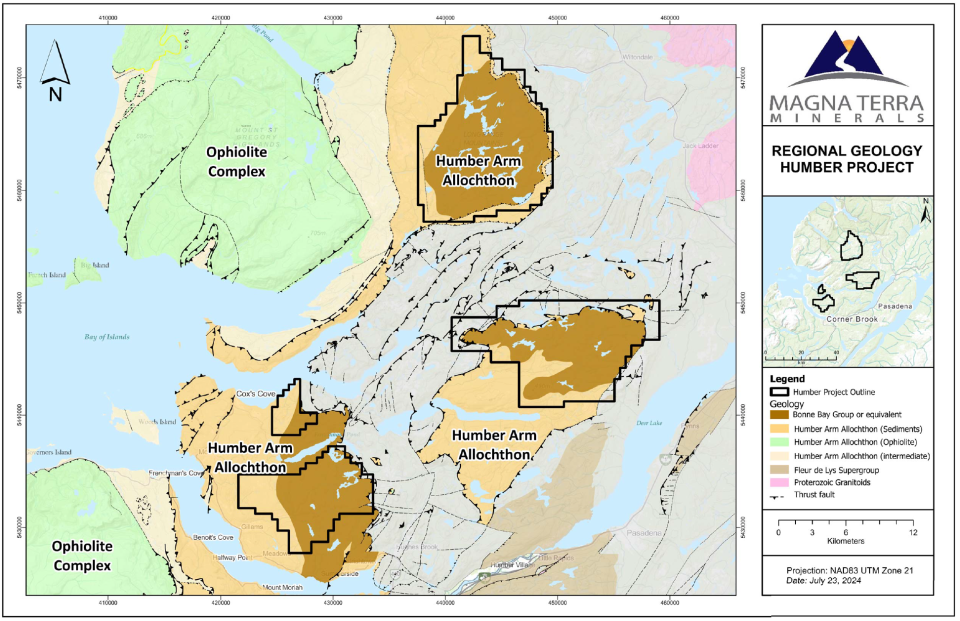 <strong>Figure 1: </strong>Location of Magna Terra's Humber Project in western Newfoundland with simplified geological map.