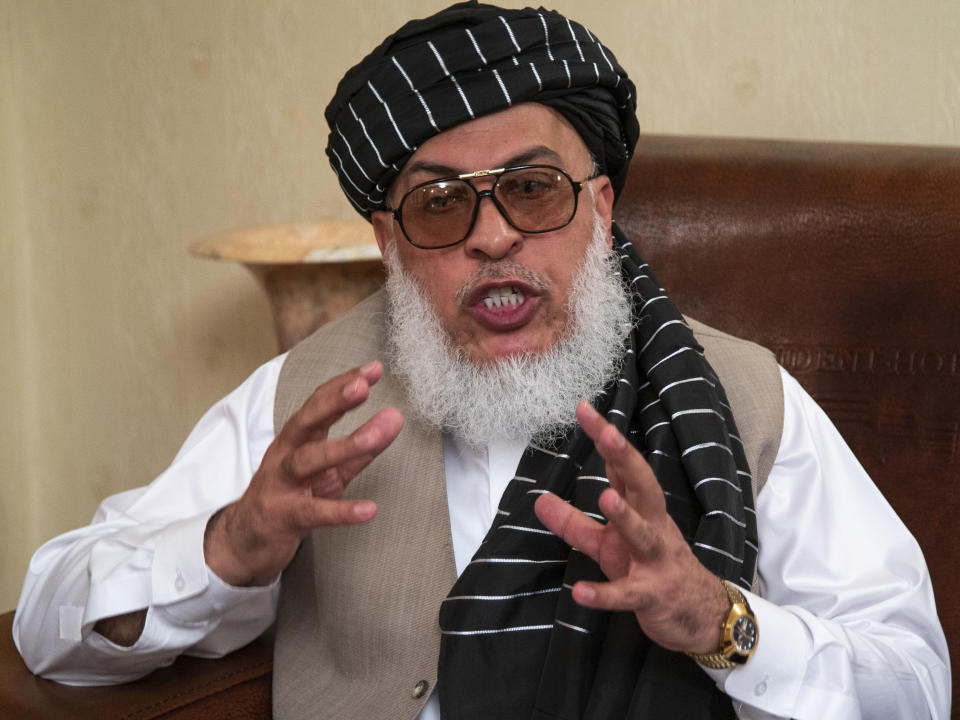 FILE - Sher Mohammad Abbas Stanikzai, the Taliban's chief negotiator, speaks to reporters after talks in Moscow, Russia,in a Tuesday, May 28, 2019 file photo. Sher Mohammad Abbas Stanikzai now heads the powerful negotiation team established by the Taliban’s leader. (AP Photo/Alexander Zemlianichenko, File)