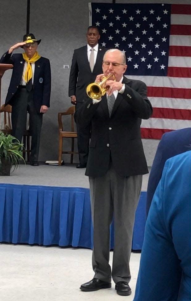 Bugler Tommy South performs "Taps" at Chesterfield County's Veterans Day event at Eanes-Pittman Public Safety Training Center in 2022.