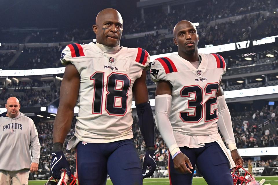 Devin McCourty of the New England Patriots (right) is the NFL's oldest active defensive back, but he is expected to retire in the offseason which would vacate his spot and leave it to Josh Norman of the Carolina Panthers.