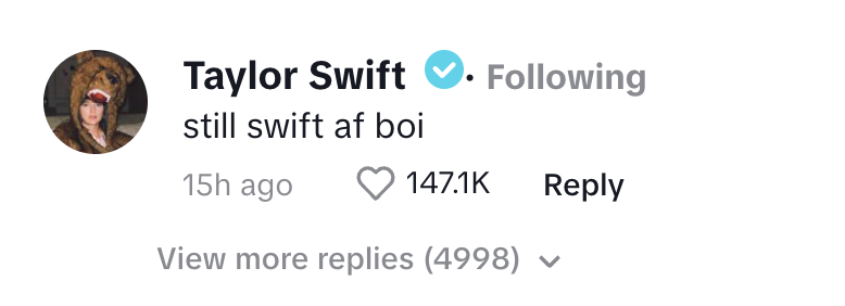Taylor Swift's response to her viral run off stage. (TikTok)