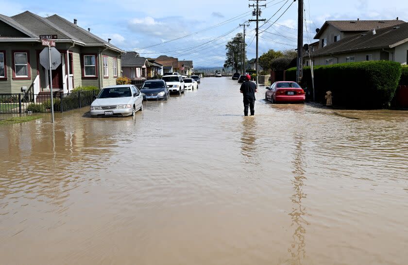 Watsonville, California March 13, 2023-A view of a flooded Salinas Rd. in Pajaro Monday before another major storm hits the area Tuesday. (Wally Skalij/(Los Angeles Times)