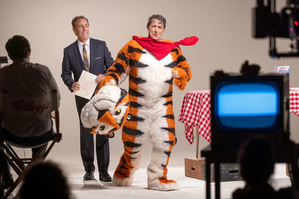 <p>John P. Johnson/Netflix</p> Hugh Grant (right) as Tony the Tiger, with director Jerry Seinfeld