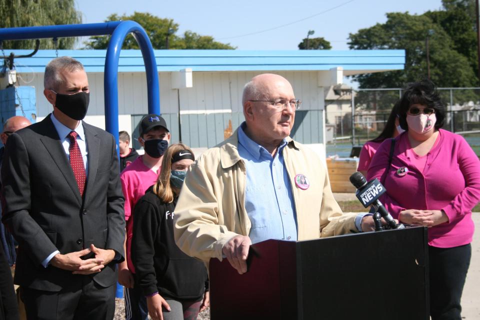 Frank Williams, Bianca Devins' maternal grandfather, speaks at the announcement of Bianca's Law hosted by U.S. Rep. Anthony Brindisi, D-Utica, on Monday, Sept. 21, 2020, at Roscoe Conkling Park.