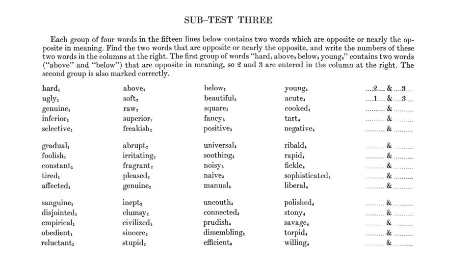 A page from the College Board's first SAT practice test, from 1926, assumes the student knows the meaning of the words "ribald," "empirical" and "torpid," among others. - From The College Board Research Report