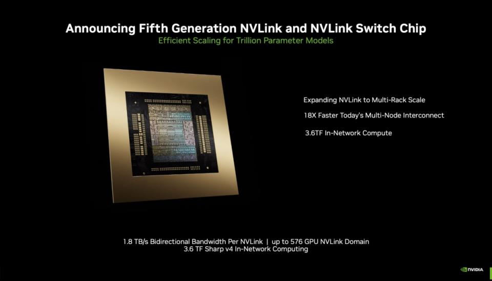 ▲搭配第五代NVLink設計讓多達576組GPU構成運算節點的運算內容維持正確