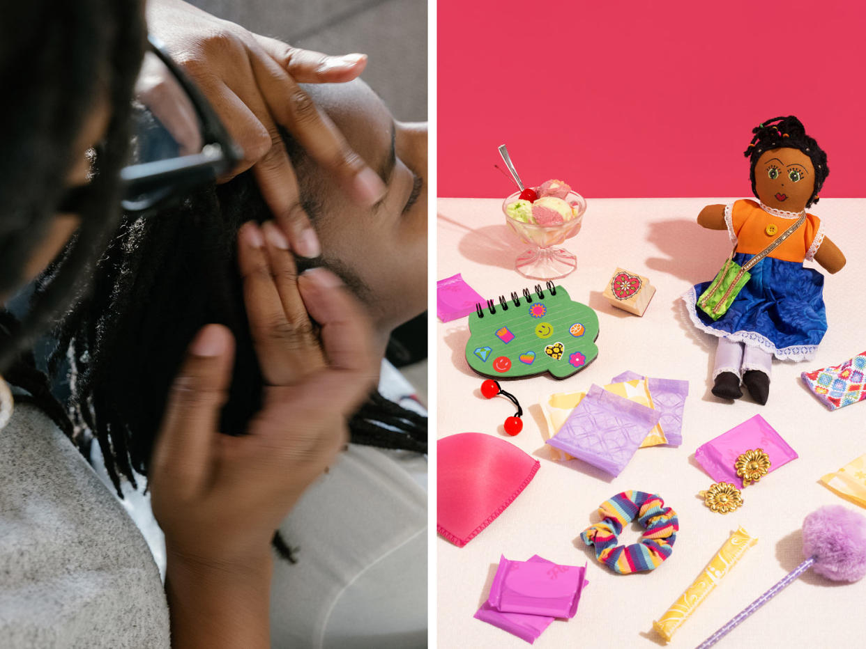 Left: Jennifer Benton twists her daughter Olivia's hair at their home. Right: Photo illustration of various childhood, girlhood and puberty items including hair bobbles, ice cream, stickers, a brown doll. (Caroline Gutman for NBC News; Nakeya Brown for NBC News)