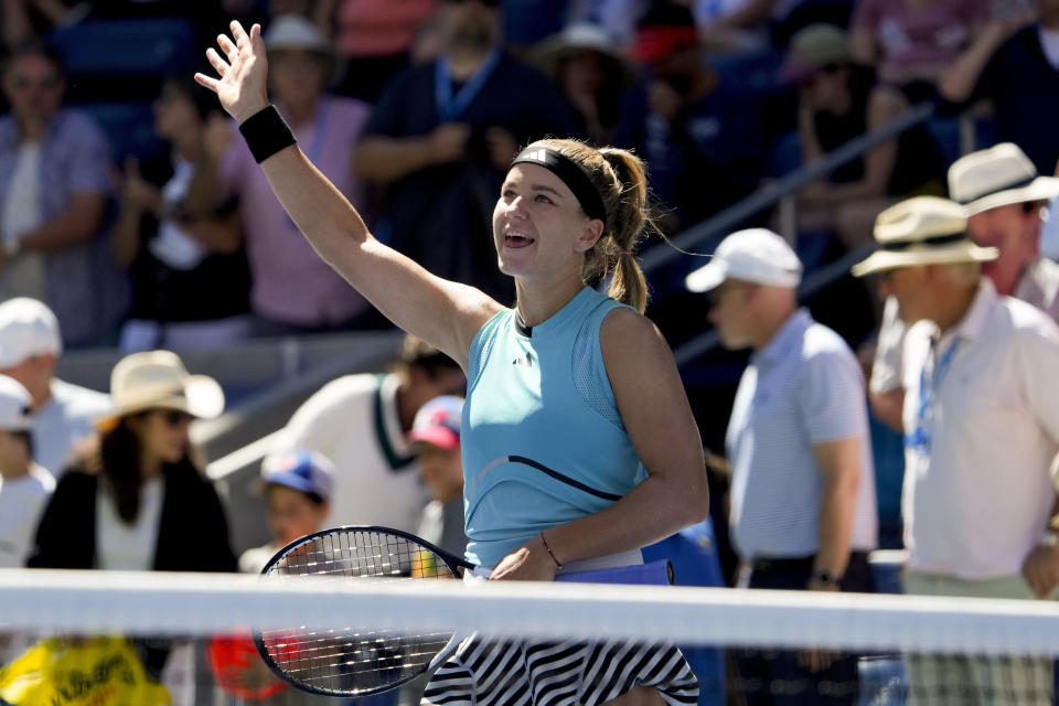 Karolina Muchova, of the Czech Republic, waves to the crowd after defeating Taylor Townsend, of the United States, during the third round of the U.S. Open tennis championships, Friday, Sept. 1, 2023, in New York. (AP Photo/Mary Altaffer)