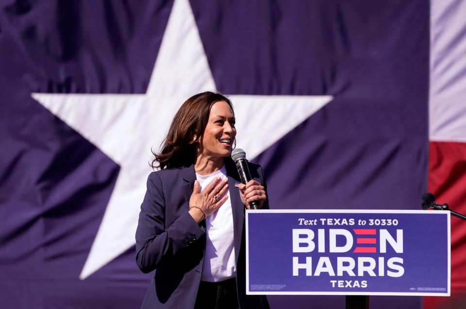 Democratic vice presidential candidate Sen. Kamala Harris, D-Calif., speaks at a campaign event Friday, Oct. 30, 2020, in Fort Worth, Texas.