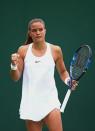 <p>Maria Sakkari of Greece celebrates during the Ladies Singles second round match against Venus Williams of The United States on day four of the Wimbledon Lawn Tennis Championships at the All England Lawn Tennis and Croquet Club on June 30, 2016 in London, England. (Photo by Jordan Mansfield/Getty Images)</p>