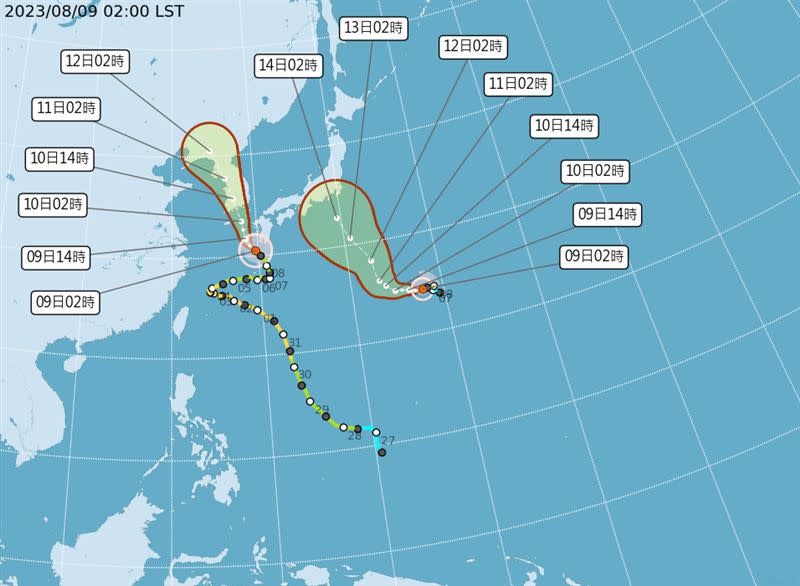 長壽颱風「卡努」還在，路徑預估將往韓國前進。（圖／翻攝自中央氣象局）