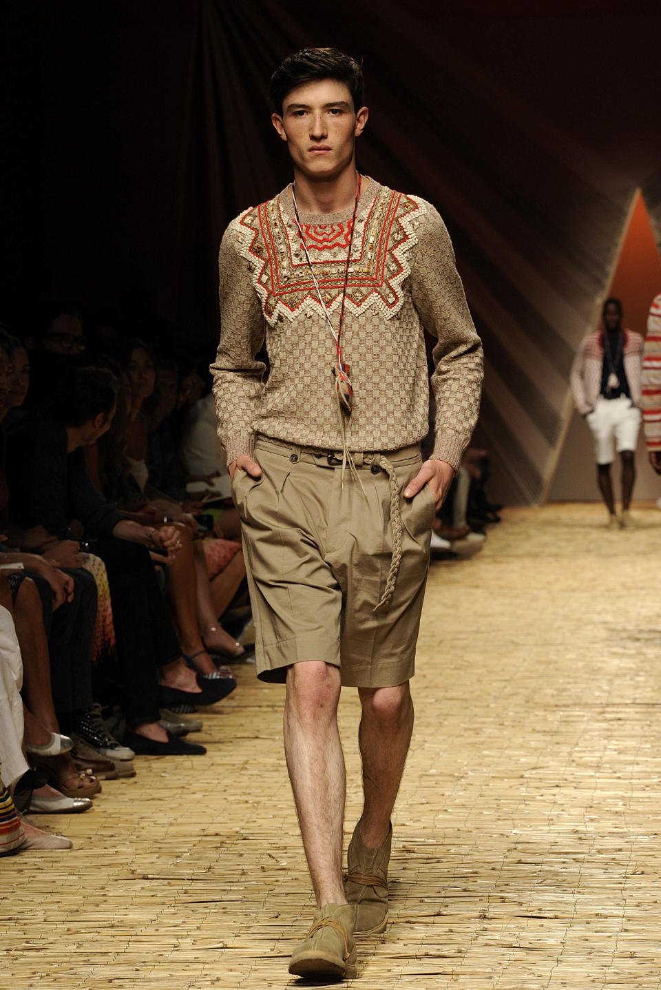 A model wears a creation for Missoni men's Spring-Summer 2014 collection, part of the Milan Fashion Week, unveiled in Milan, Italy, Sunday, June 23, 2013. (AP Photo/Giuseppe Aresu)