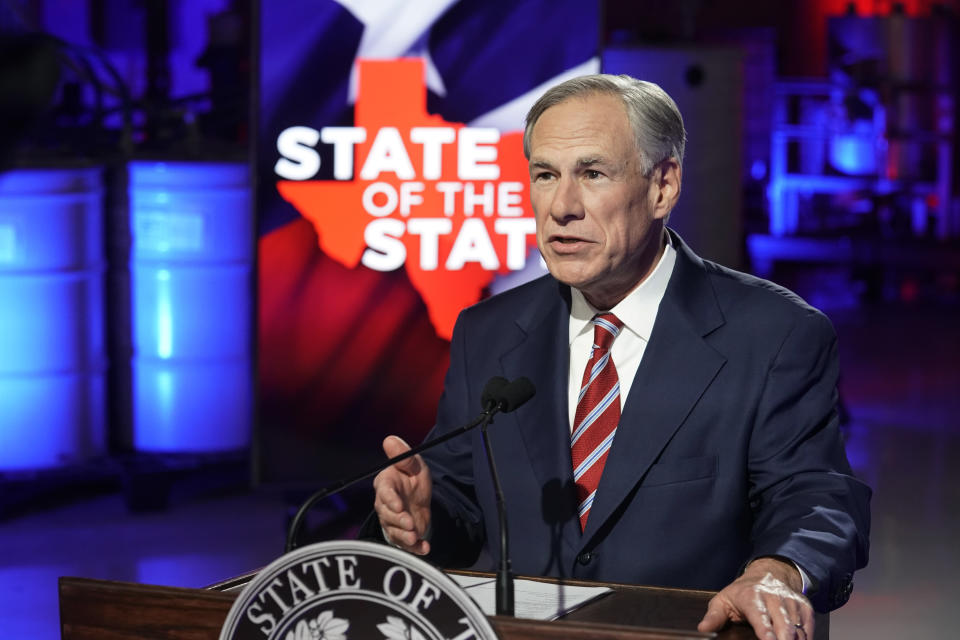 Texas Gov. Greg Abbott prepares to deliver his State of the State speech at Visionary Fiber Technologies, for the first time outside the Capitol, Monday, Feb. 1, 2021, in Lockhart, Texas. (Bob Daemmrich/Pool Photo via AP)