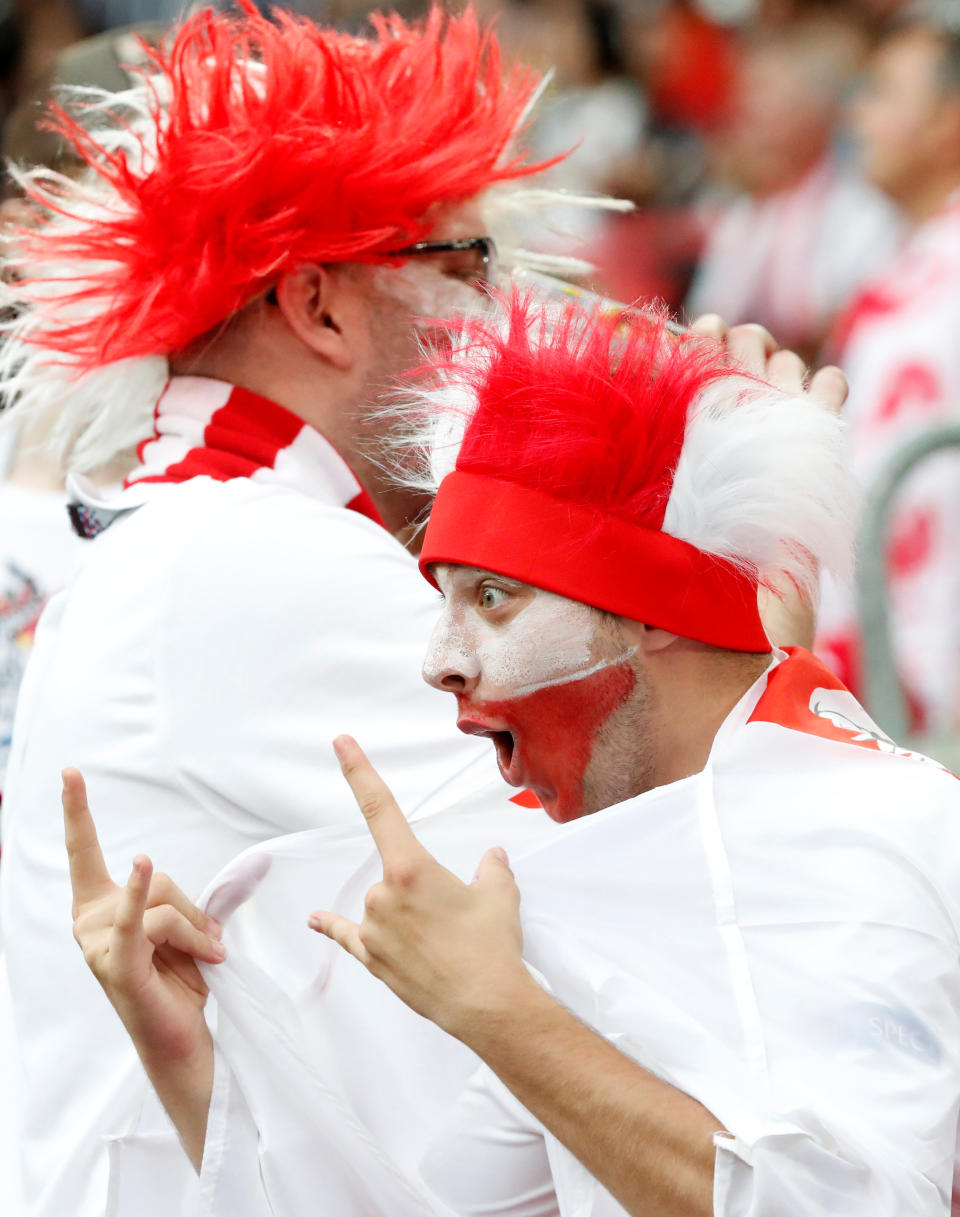 <p>Poland fans inside the stadium before the match at Spartak Stadium in Moscow </p>