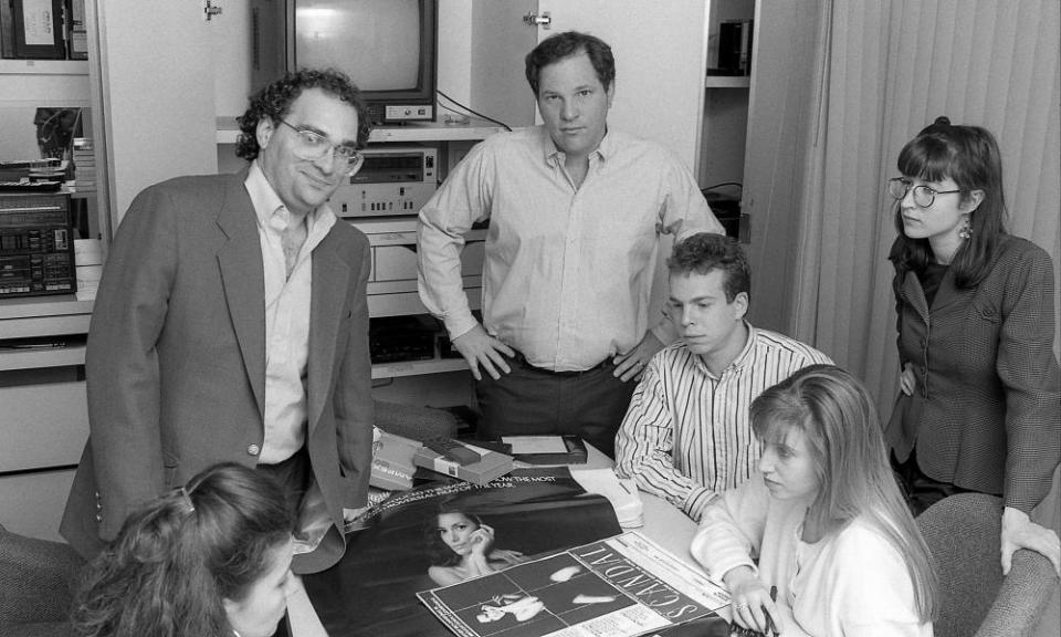 American film producers Harvey Weinstein and his brother Bob Weinstein, left, of Miramax Films at their offices in New York City, in 1989.