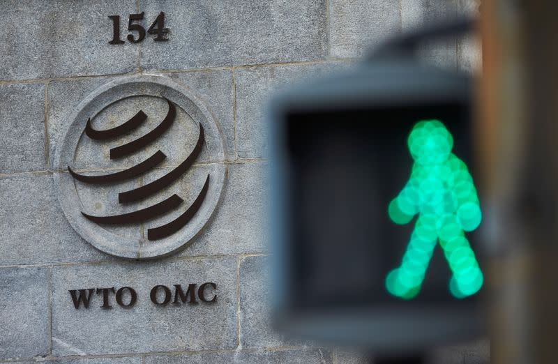 A logo is pictured in front of the World Trade Organization (WTO) in Geneva