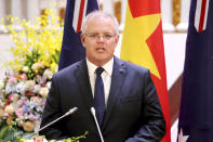 Australian Prime Minister Scott Morrison speaks during a press briefing at the Government Office in Hanoi, Vietnam, Friday, Aug. 23, 2019. Morrison is on an official visit to Vietnam from Aug. 22-24, 2019. (AP Photo/Duc Thanh, Pool)