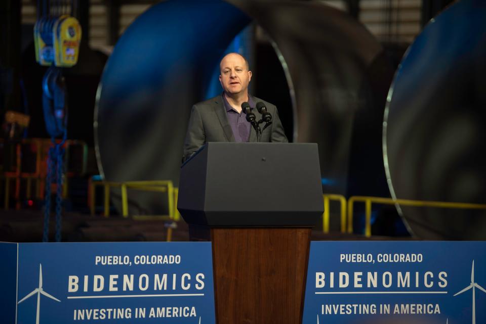 Gov. Jared Polis speaks during a visit from President Joe Biden at the CS Wind turbine factory in Pueblo on Wednesday, November 29, 2023.