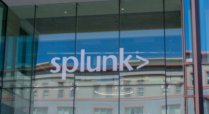 Splunk logo on the company office in Santana Row. The company produces software for searching, monitoring, and analyzing machine-generated big data