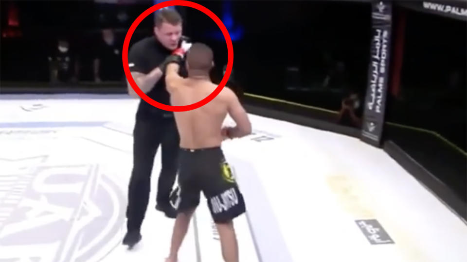 MMA fighter Ahmad Al Darmaki has incurred the wrath of the fighting world after attempting to scuffle with veteran referee Marc Goddard during the UAE Warriors 12 event. Picture: MMA Junkie