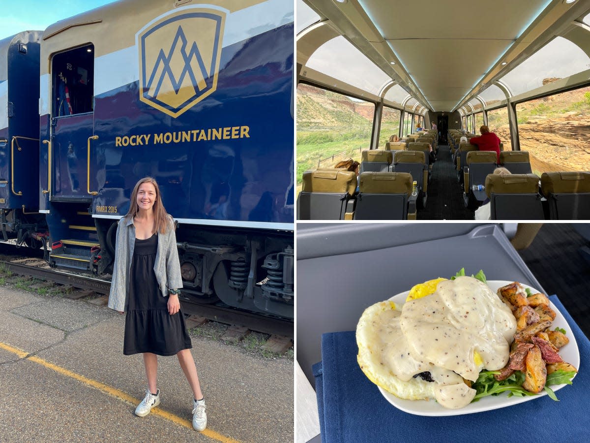 The author in front of the Rocky Mountaineer train, an image of the inside of the train car, and one of her meals onboard the train.