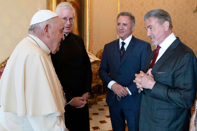 <p>Vatican Media via Vatican Pool/Getty</p> Pope Francis meets with Sylvester Stallone at the Apostolic Palace on Sept. 8, 2023, in Vatican City