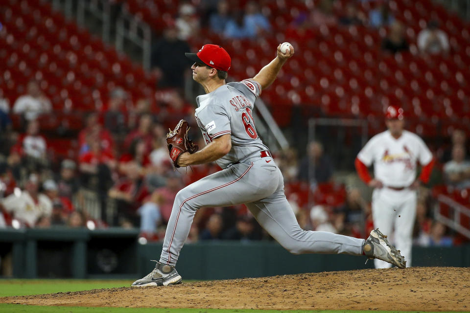 Cincinnati Reds relief pitcher Carson Spiers throws during the ninth inning of a baseball game against the St. Louis Cardinals, Friday, Sept. 29, 2023, in St. Louis. (AP Photo/Scott Kane)