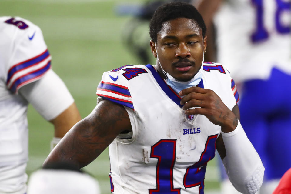 FOXBOROUGH, MA - DECEMBER 28:  Stefon Diggs #14 of the Buffalo Bills looks on during a game against the New England Patriots at Gillette Stadium on December 28, 2020 in Foxborough, Massachusetts. (Photo by Adam Glanzman/Getty Images)